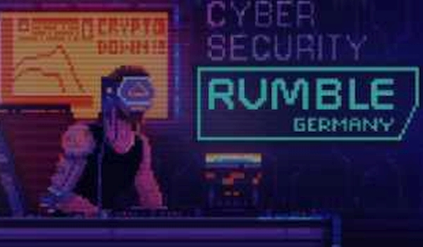 Pixel-Grafik Hacker am Tisch, im Hintergrund it Schriftzug: Cybersecurity Rumble Germany