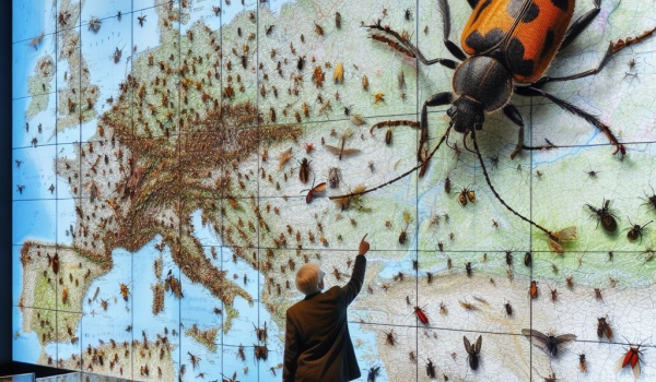 Dozent vor riesiger, digitaler Europakarten voller Insekten (KI-generiert)