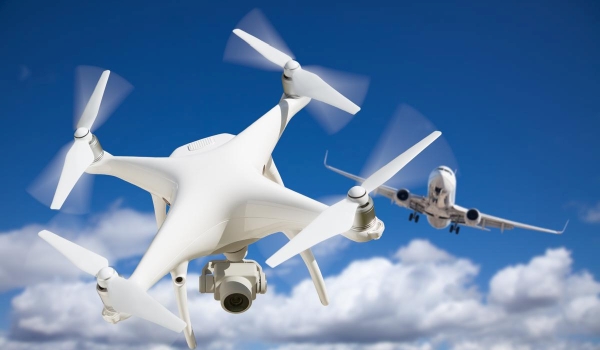 Schmuckbild Drohne und Flugzeug im Himmel