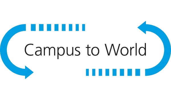 Banner Campus to World mit blauen Pfeilen