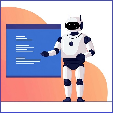 Ein Roboter steht vor einer Tafel und erkl&auml;rt (KI-generiert).