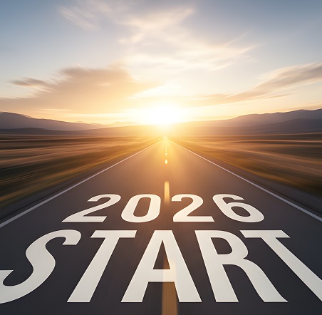 Auf einer Startbahn in den Horizont steht "2026 Start".
