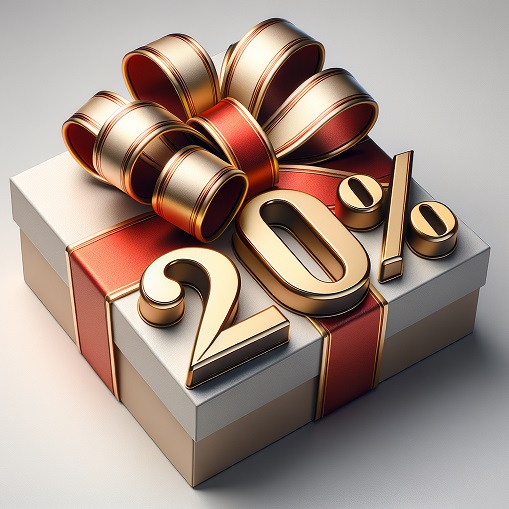 Ein Geschenk mit Schleife und der Aufschrift "20 %" (KI-generiert)