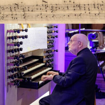 Oben: Notenbl&auml;tter, unten: Auff&uuml;hrung der zwei bislang unbekannten Orgelwerke durch Ton Koopman, Pr&auml;sident des Bach-Archivs